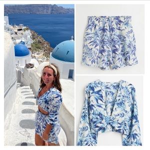 H&M Linen Blend Two-Piece Set- Blue/White- Small